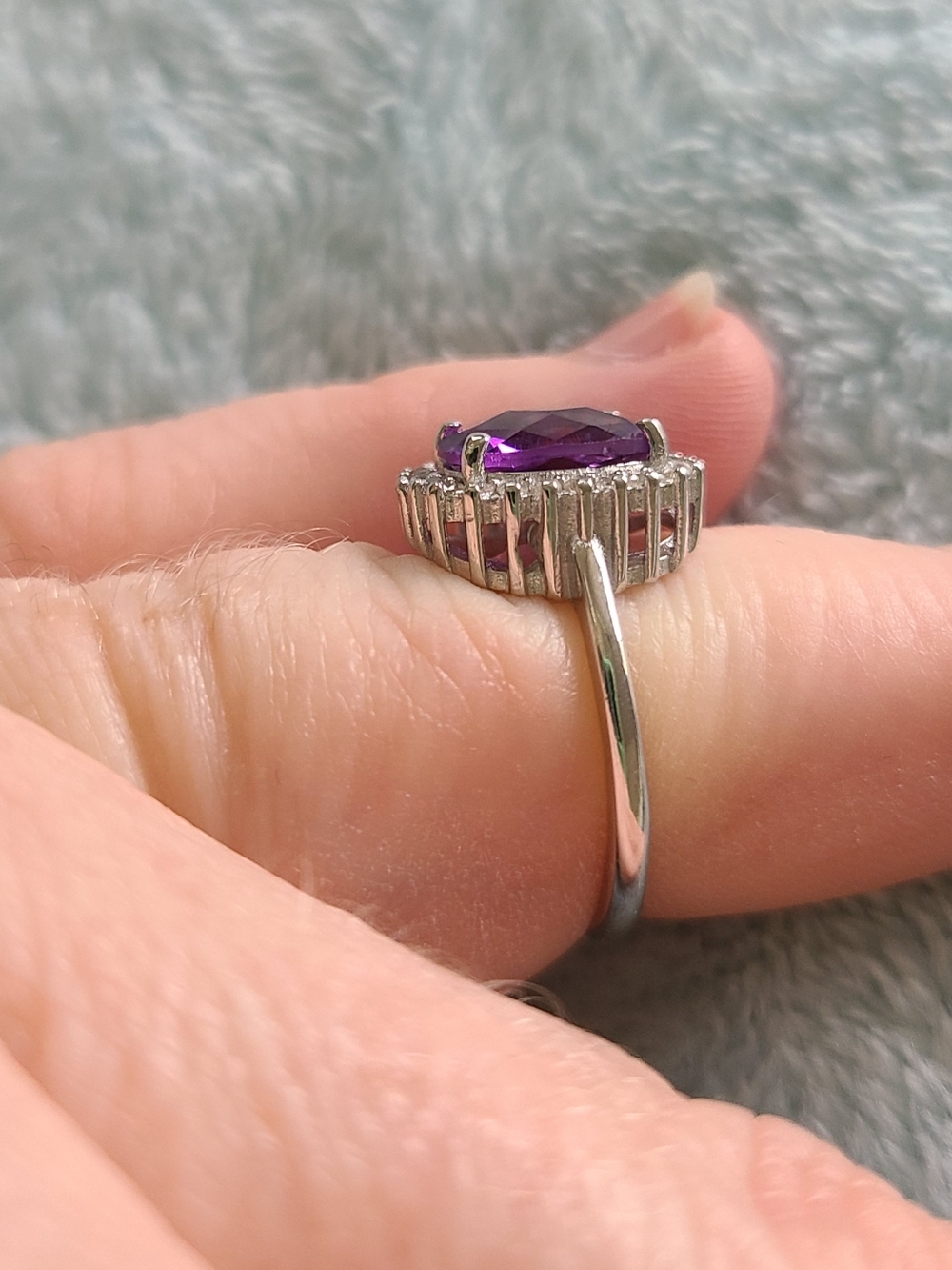 Amethyst Sterling Ring With White Zircon Halo - Picture 4 of 7